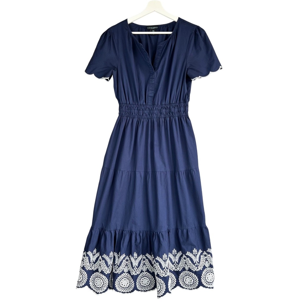 Cynthia Rowley Navy Blue Eyelet Hem Midi Dress Smocked Waist Scalloped Sleeve M